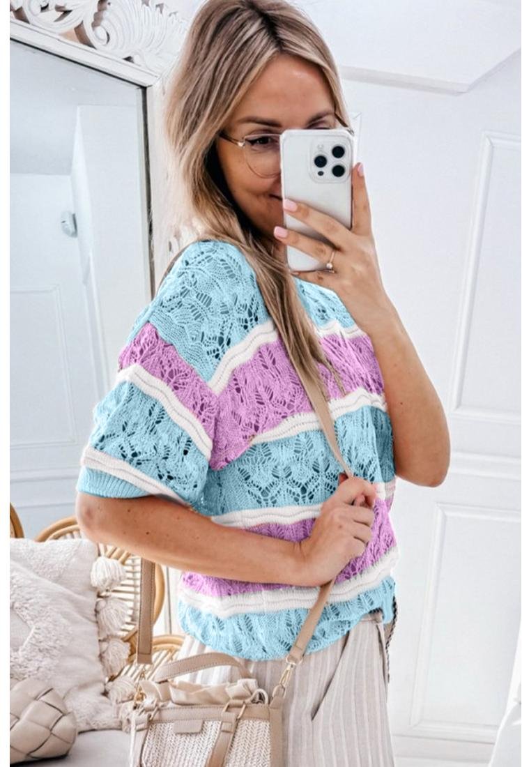 Thumbnail - Lila gestreifter Farbblock Häkelsweater mit halben Ärmeln und Ausschnitten