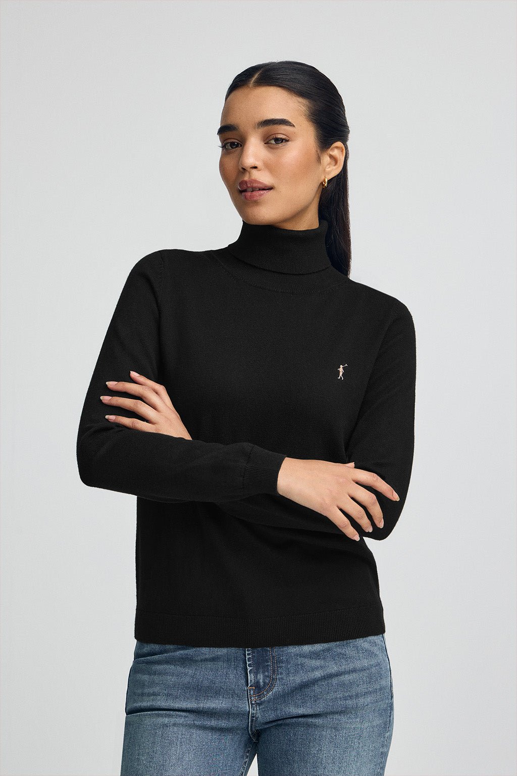 Rollkragenpullover schwarz aus Wollgemisch mit gesticktem Rigby Go-Logo