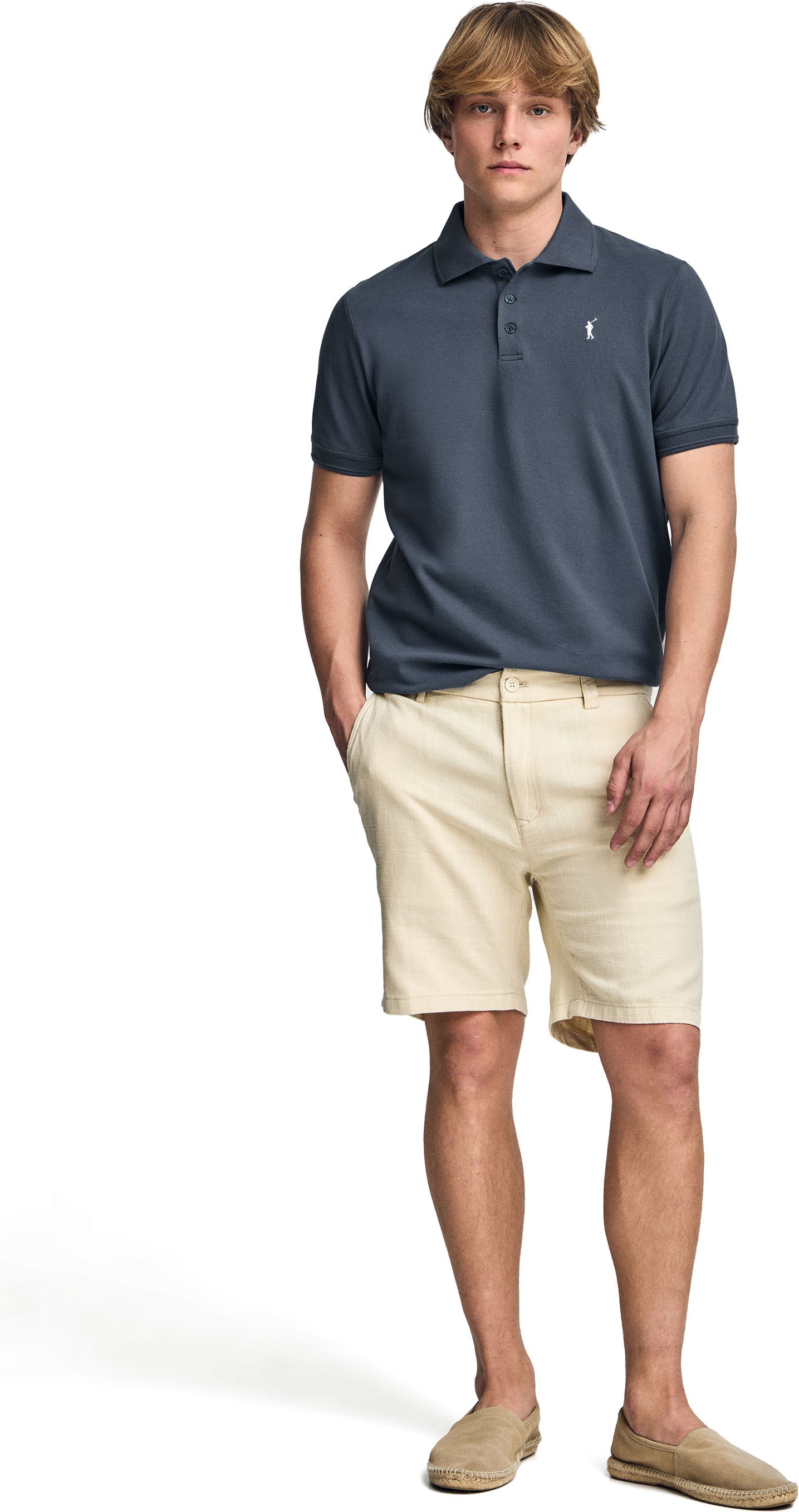 Kurzärmliges Poloshirt denimblau mit drei Knöpfen und Rigby Go Logo