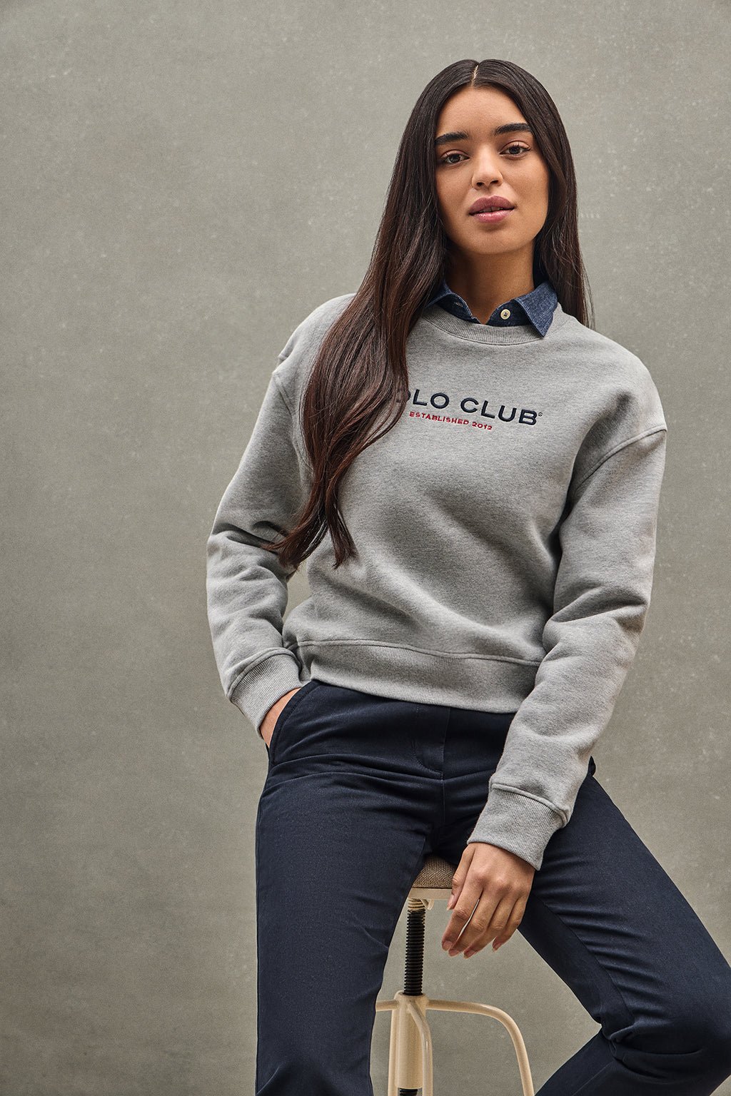 Sweatshirt grau meliert im Boxy Fit Established 2012 Polo Club