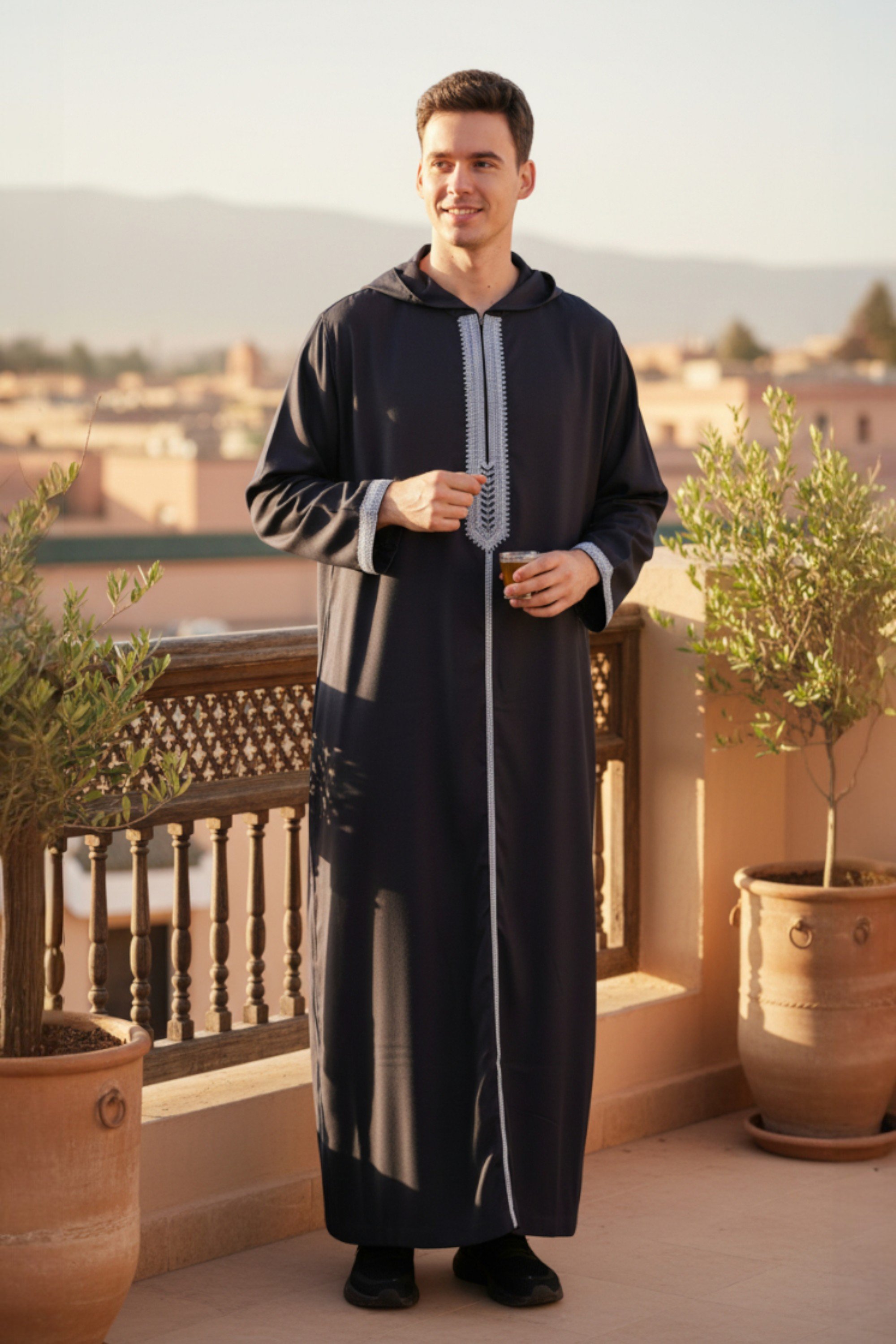 Marokkanische Thobe-Robe für Herren, Marineblau, Eid-Kapuze, Djellaba, Gandoura, Ramadan, Jubba, LFS-HM3