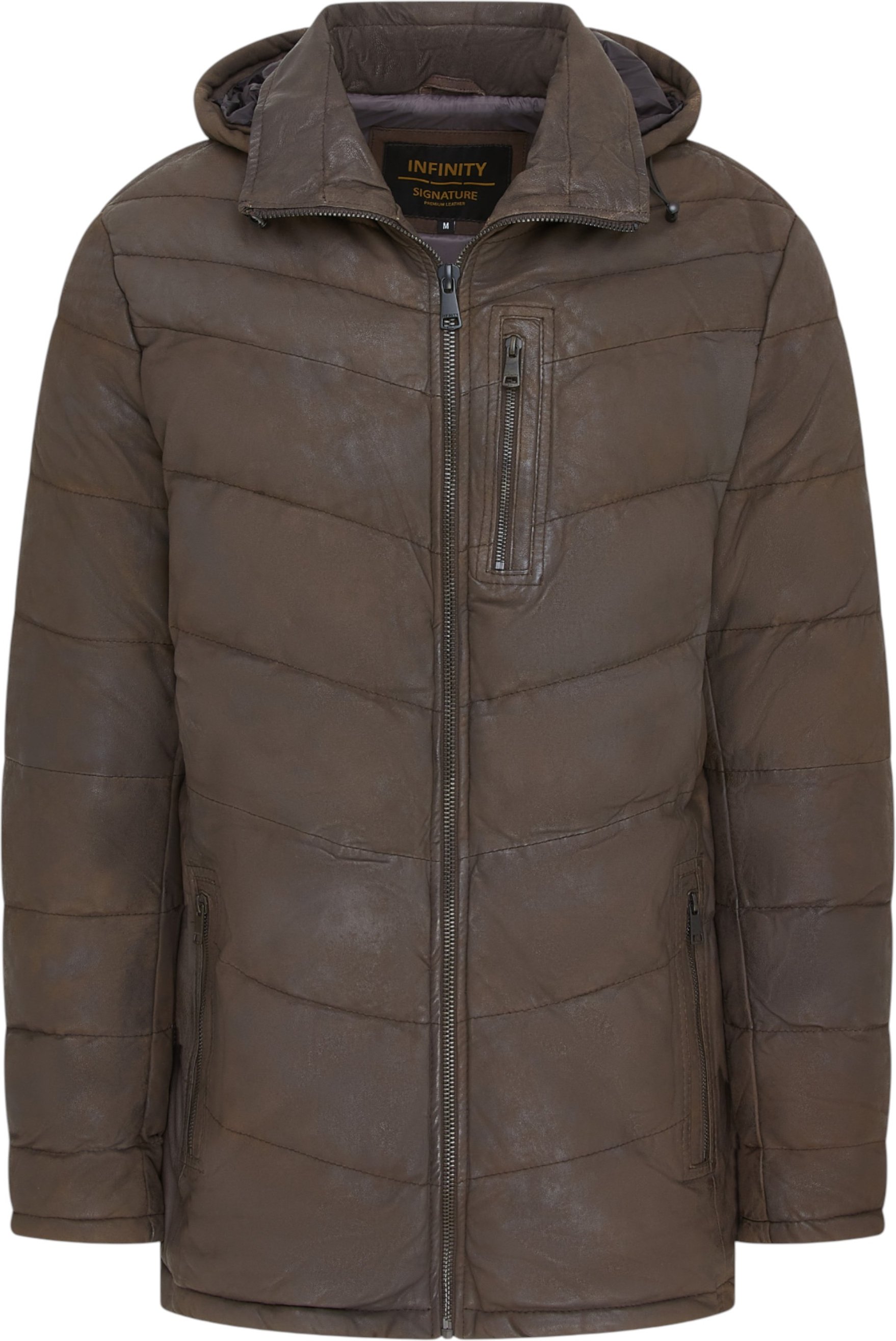 Herren Braune Steppjacke aus Leder mit Kapuze, Puffer-Wintermantel - Olyic