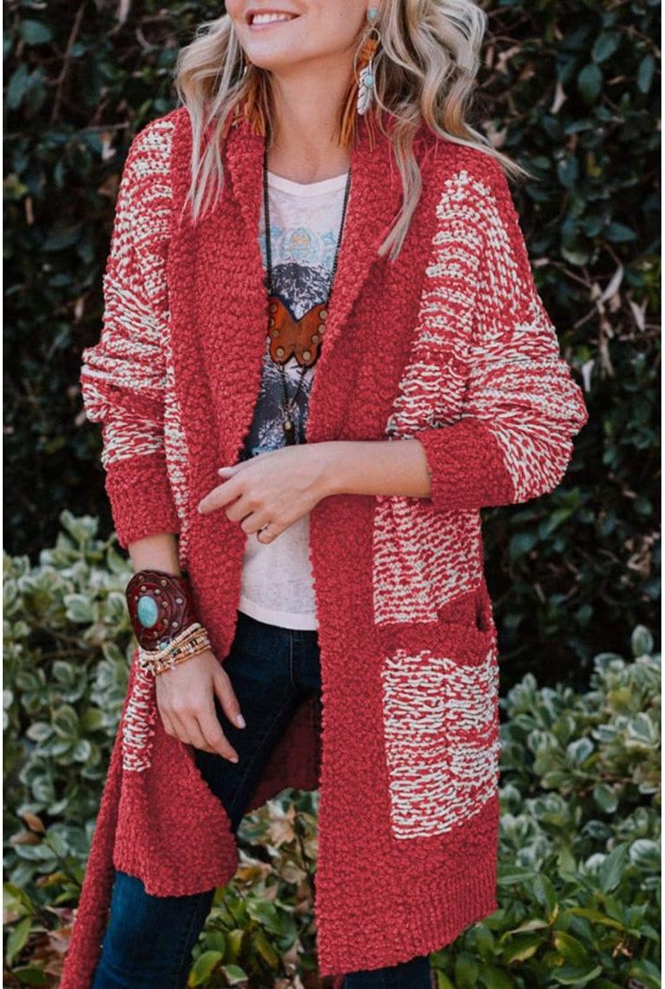 Thumbnail - Longline-Strickjacke mit kontrastierendem Besatz und offener Front mit Taschen