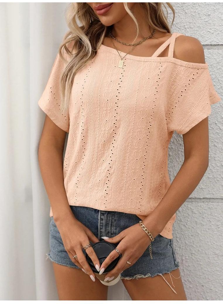 Damen-Augenloch asymmetrisches Schulter-T-Shirt mit kurzen Ärmeln