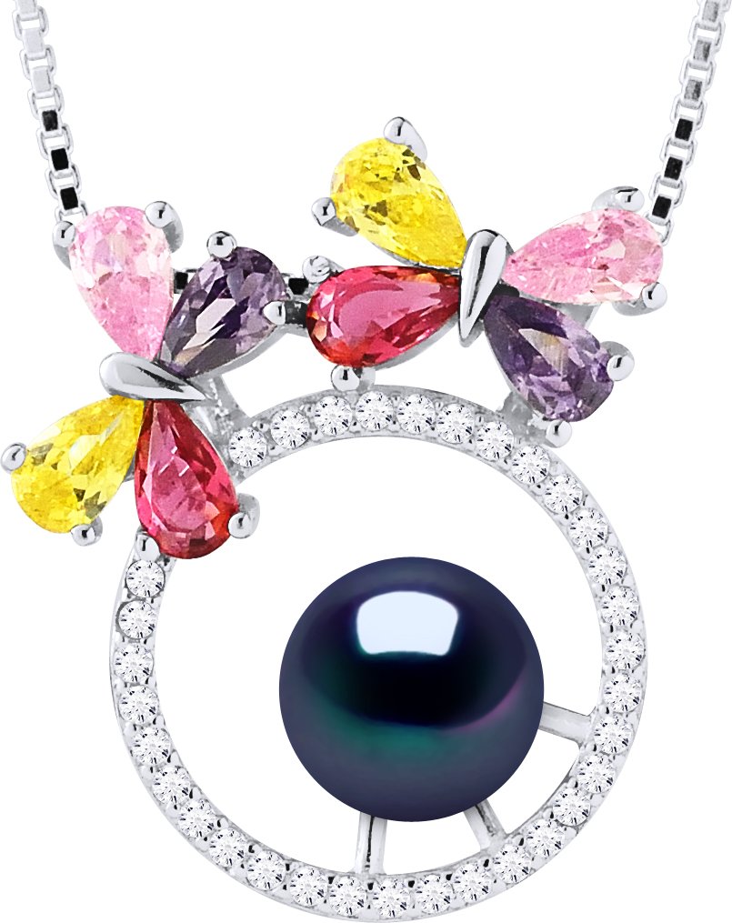 BUTTERFLY Halskette Süßwasserperle rund 8-9 mm Schwarz 925