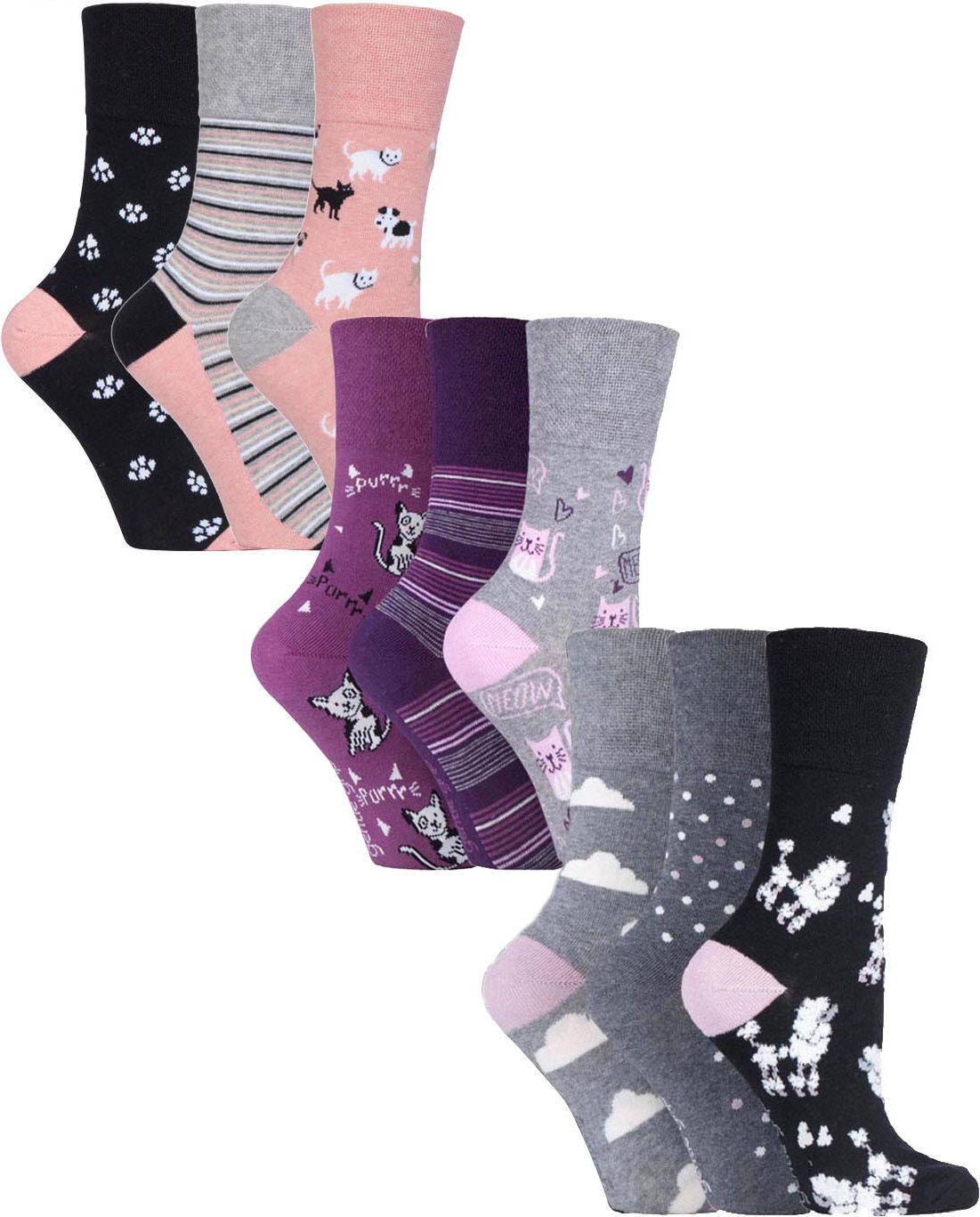 9 Paar Multipack Ladies Cotton Crew Non Elastic Socks | Gentle Grip | Womens Soft Top Striped Patterned Non Binding Sock...