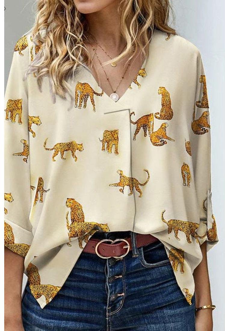 Thumbnail - Azura Exchange Aprikosenbedruckte Leopardenmuster Bluse mit Ärmel in Tab-Optik, lockere Passform, V-Ausschnitt