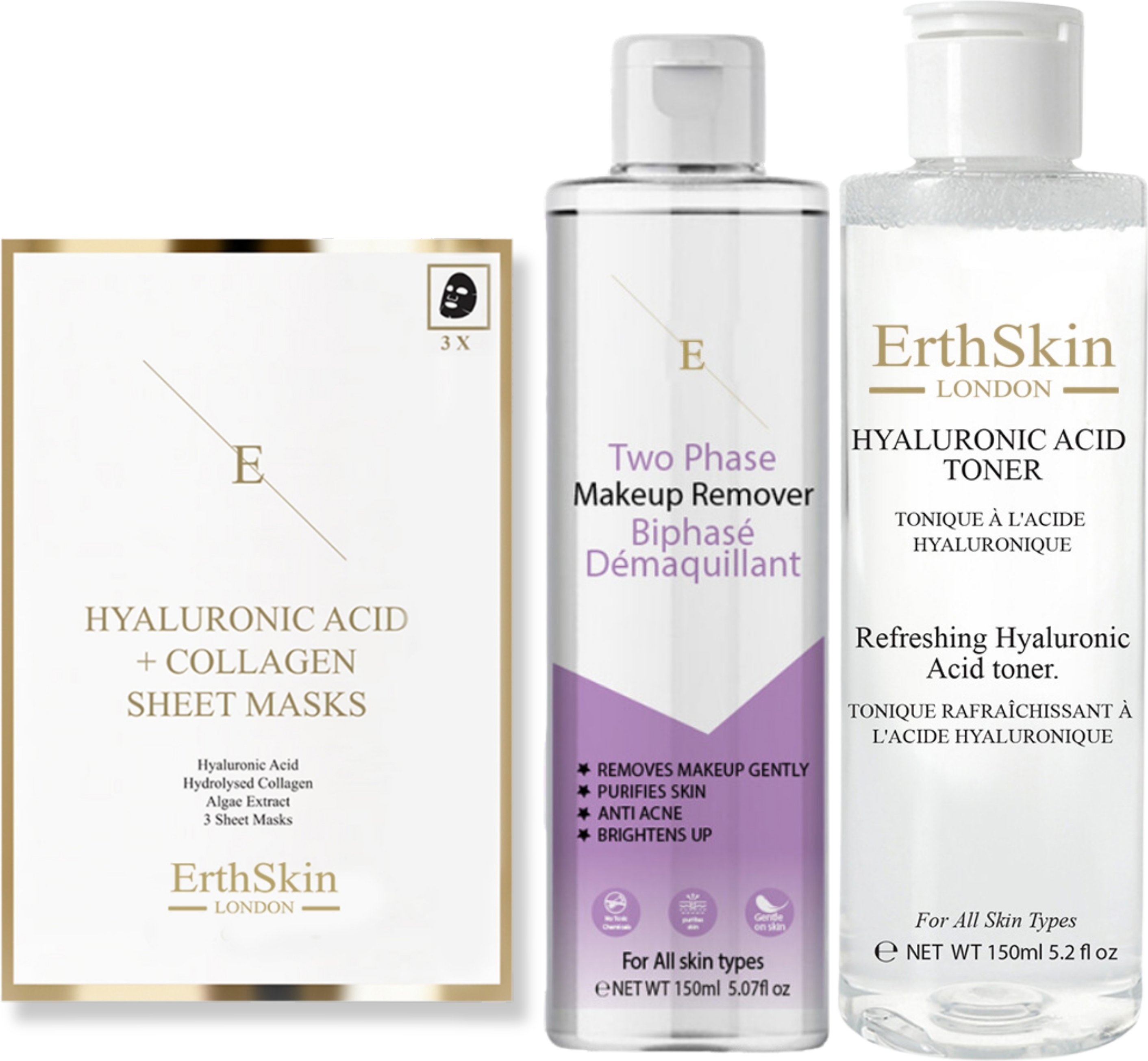 Thumbnail - Zweiphasen-Makeup-Entferner 150 ml + Erfrischendes Hyaluronsäure-Tonikum 150ml + Hyaluronsäure- & Kollagen-Maske - 3 Bla...