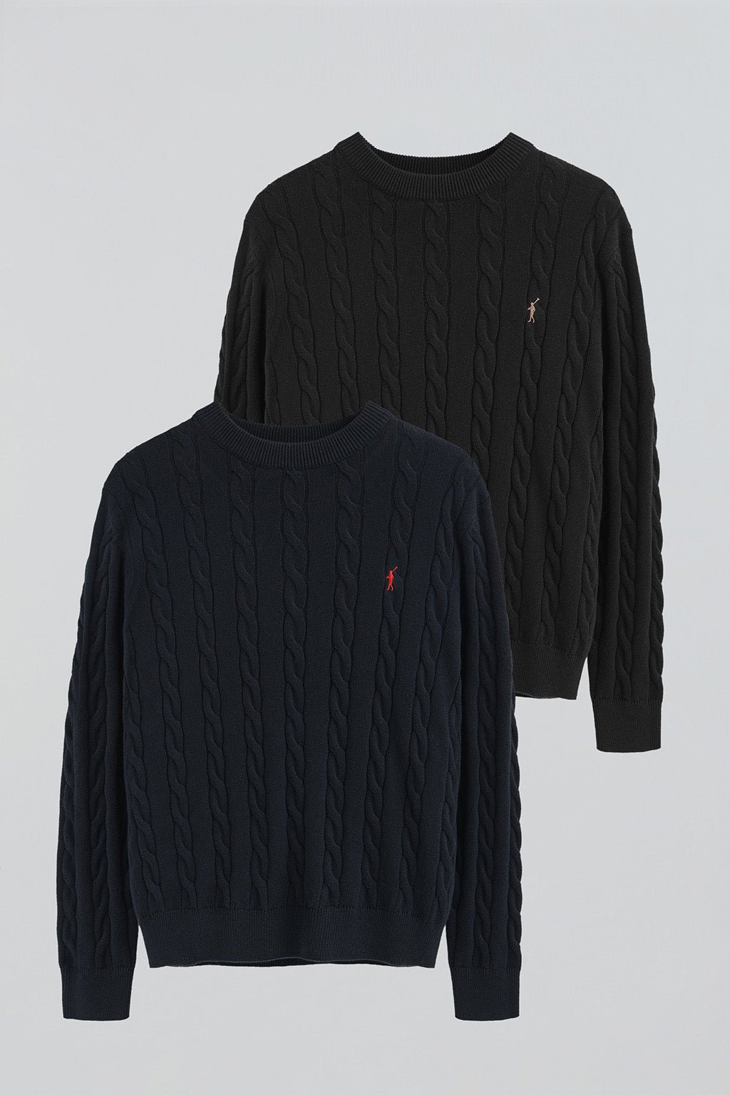 Zweierpack Herrenpullover marineblau und schwarz aus Wollgemisch mit Zopfmuster mit gesticktem Rigby Go-Logo