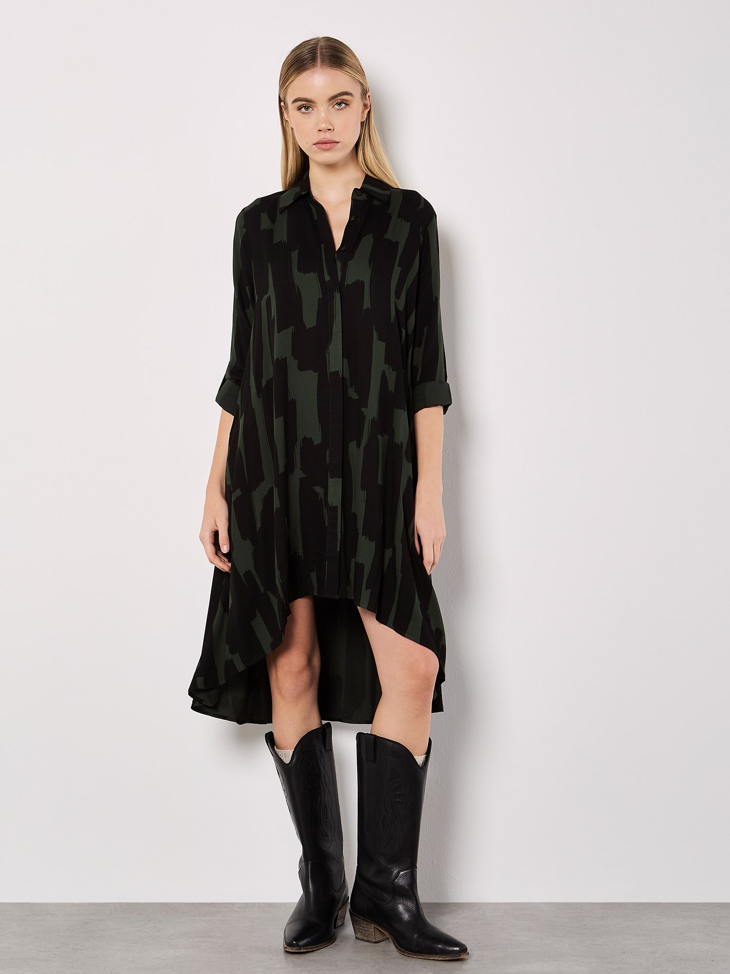 Thumbnail - Apricot Abstract Lines Shirt Midi Dress