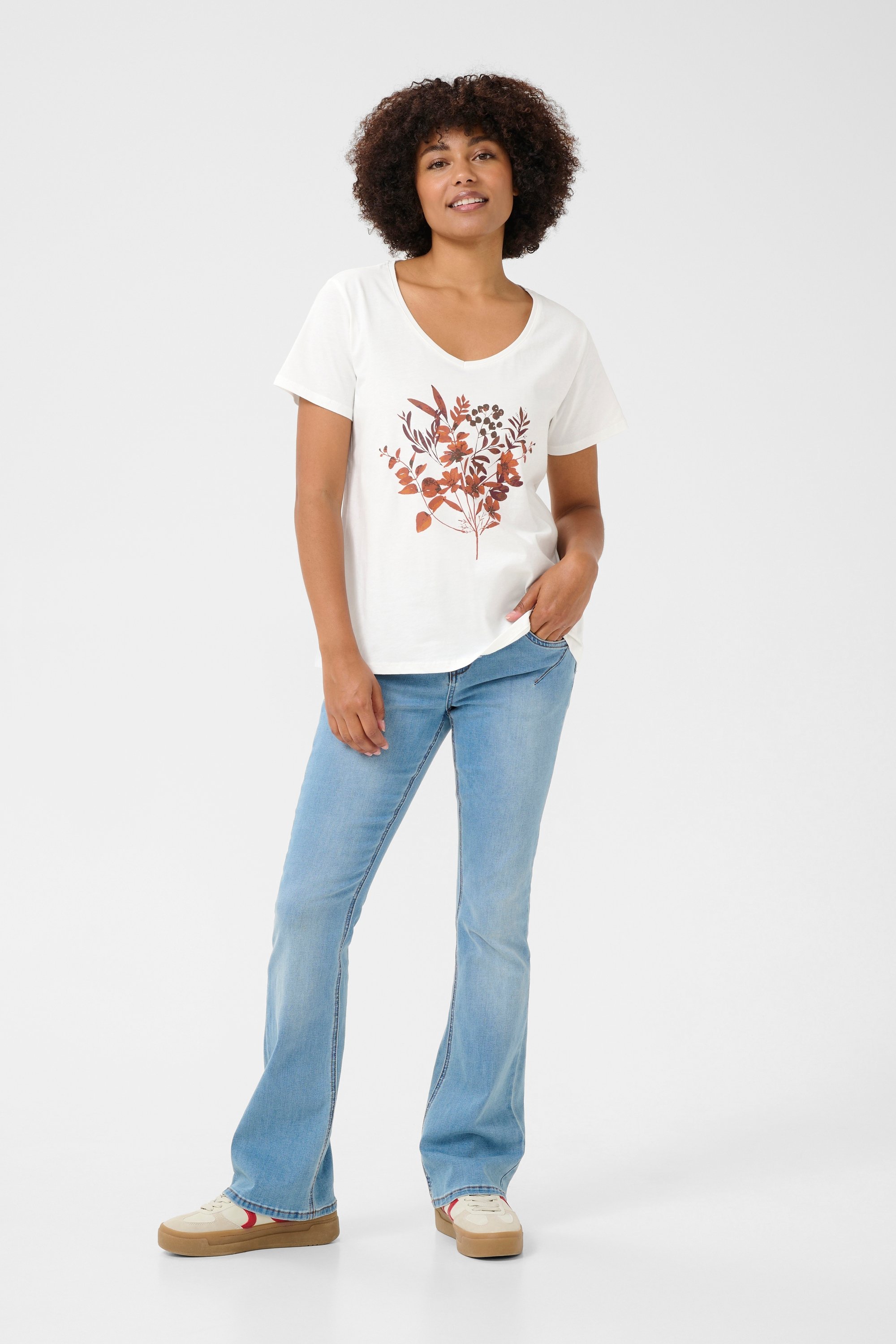 T-Shirt Regulär Fit Weiß Orange Blumen floral