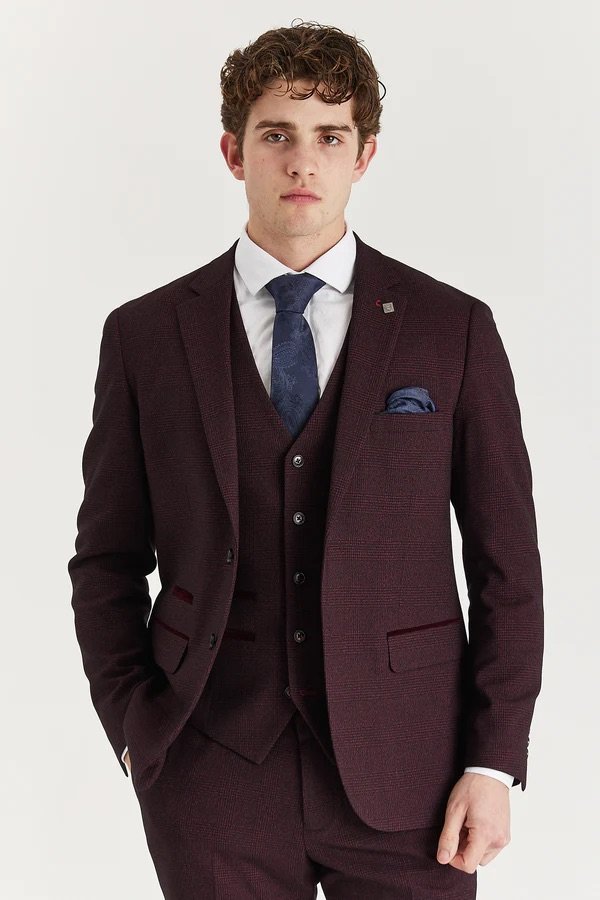 Thumbnail - Weinroter Anzugsblazer mit Prince-of-Wales-Muster für Herren