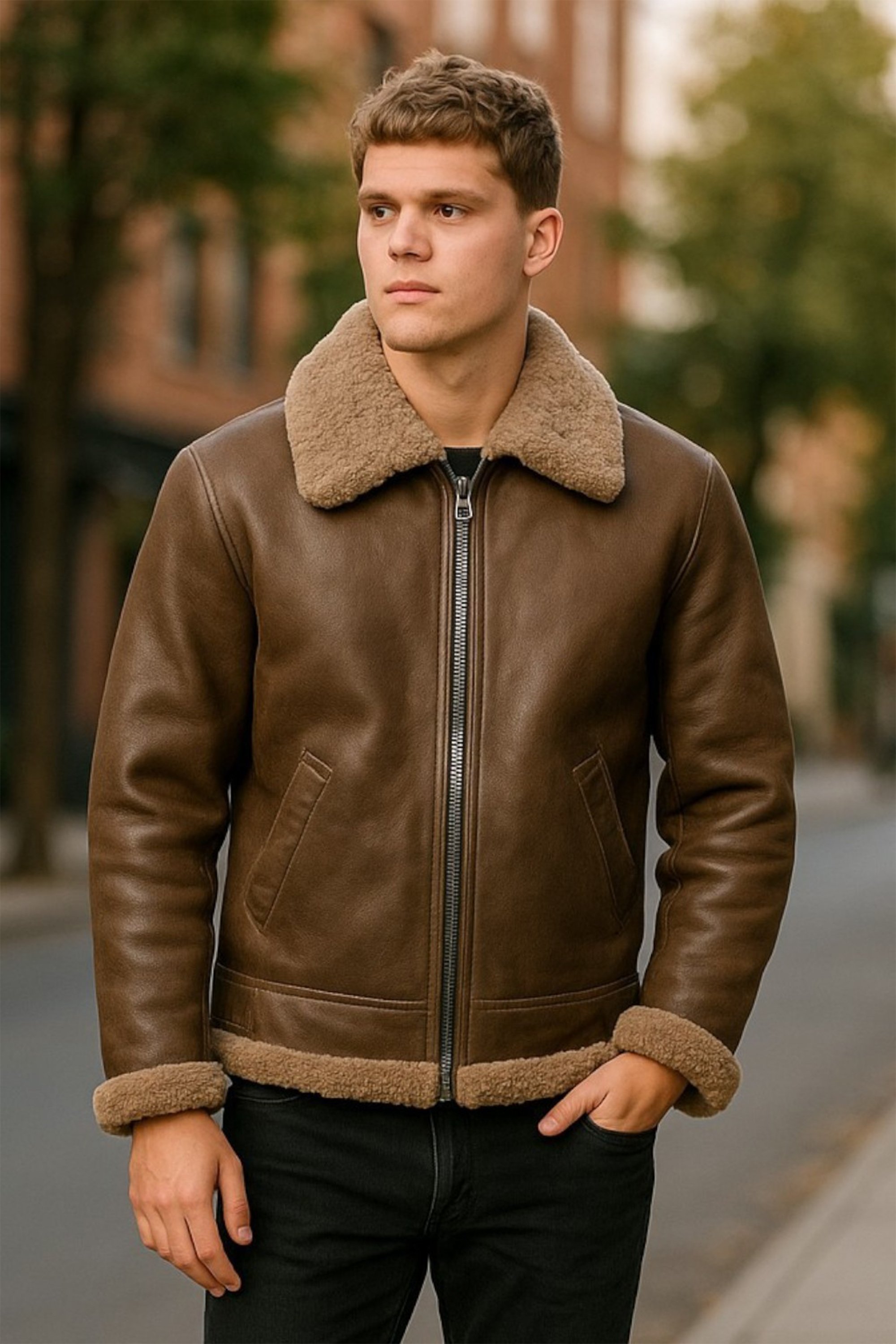 Herren Braune B3 WW2 Schaffell Leder Fliegerjacke-Seshego