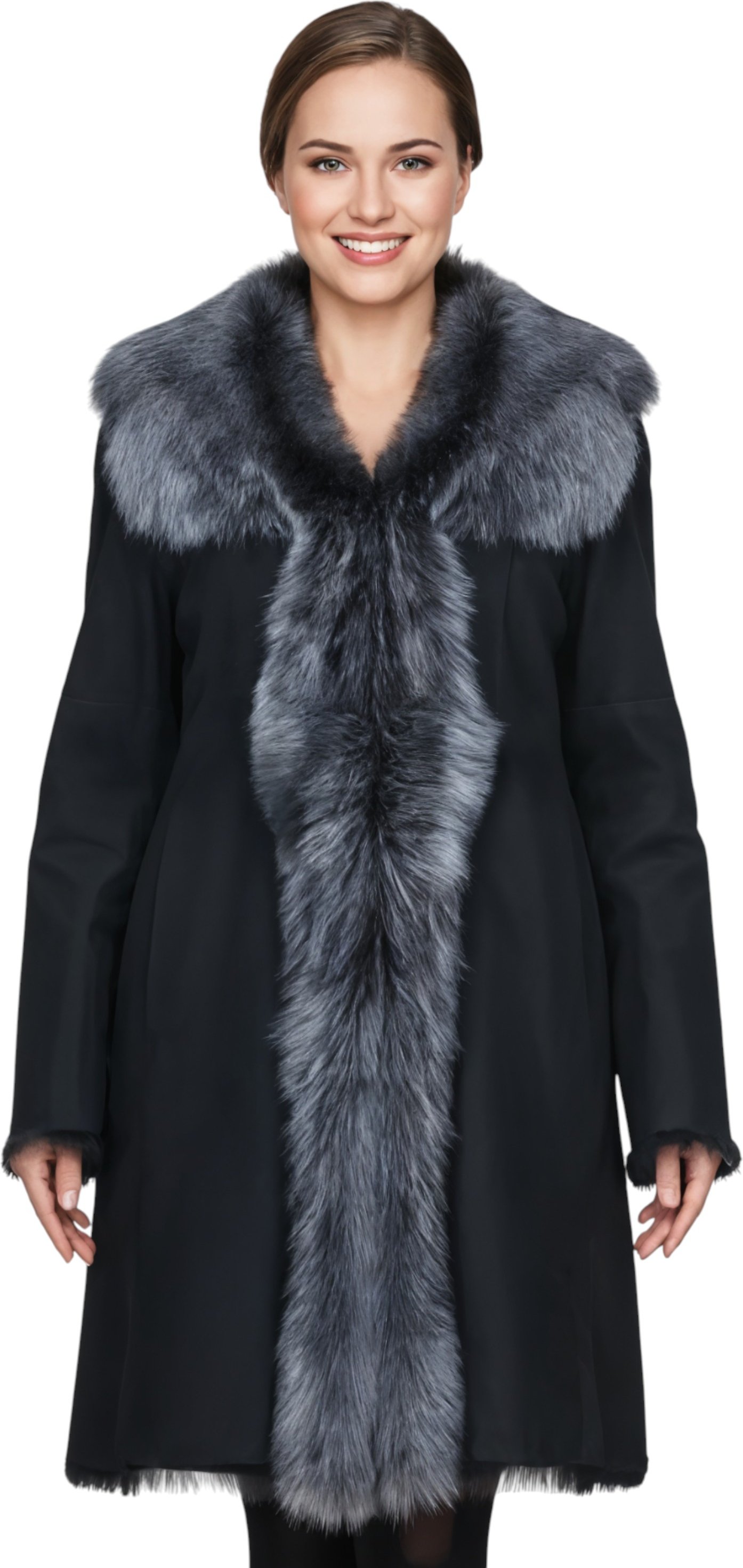 Schwarzer und silberner Trenchcoat aus toskanischem Schafveloursleder – Celeste