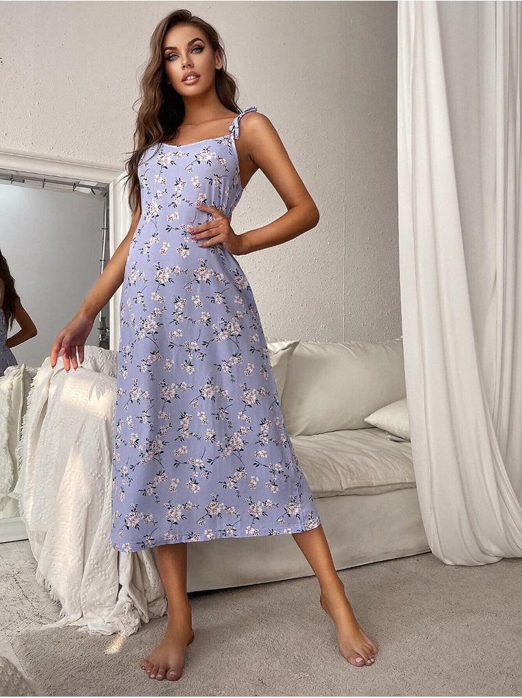 Damen Bedrucktes Midi-Nachtkleid mit Schleifen-Schulter