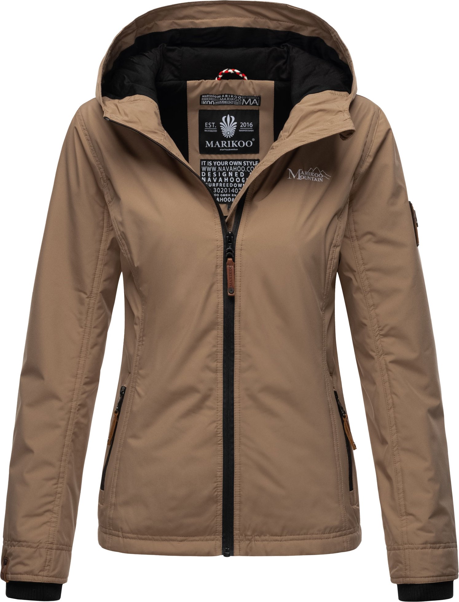 Marikoo Damen Übergangsjacke leichte wind- und wasserabweisende Jacke mit Kapuze Taupe