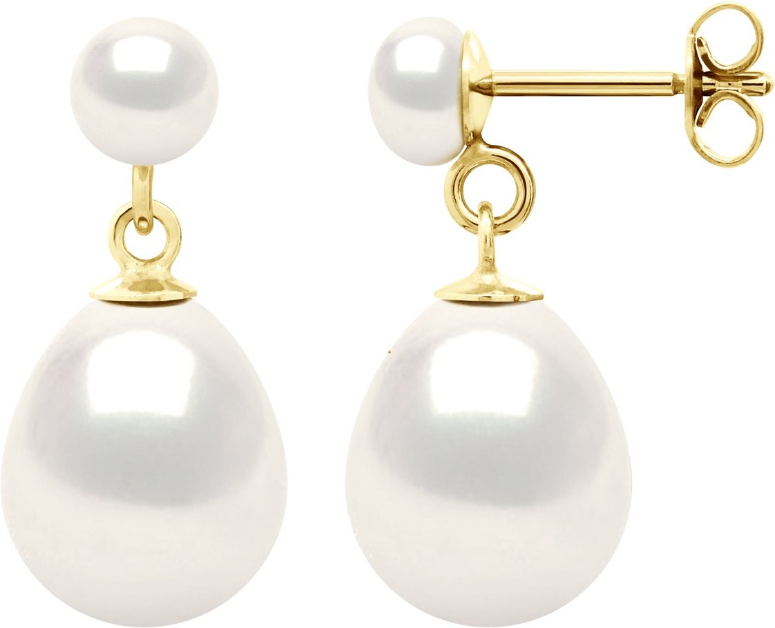 Doppelte Ohrringe aus Gelbgold – echte Süßwasser-Zuchtperlen, Knopf 5–6 mm + Birne 10–11 mm