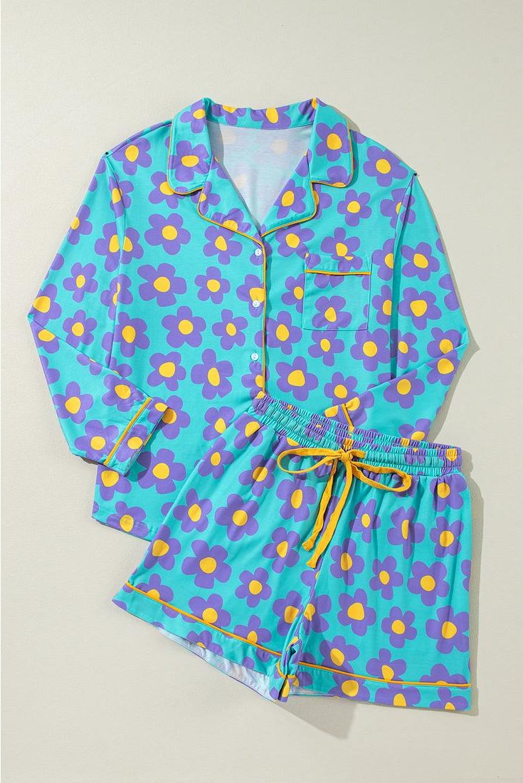 Thumbnail - Grünes Blumenmuster Langarmshirt Shorts Schlafanzug Set
