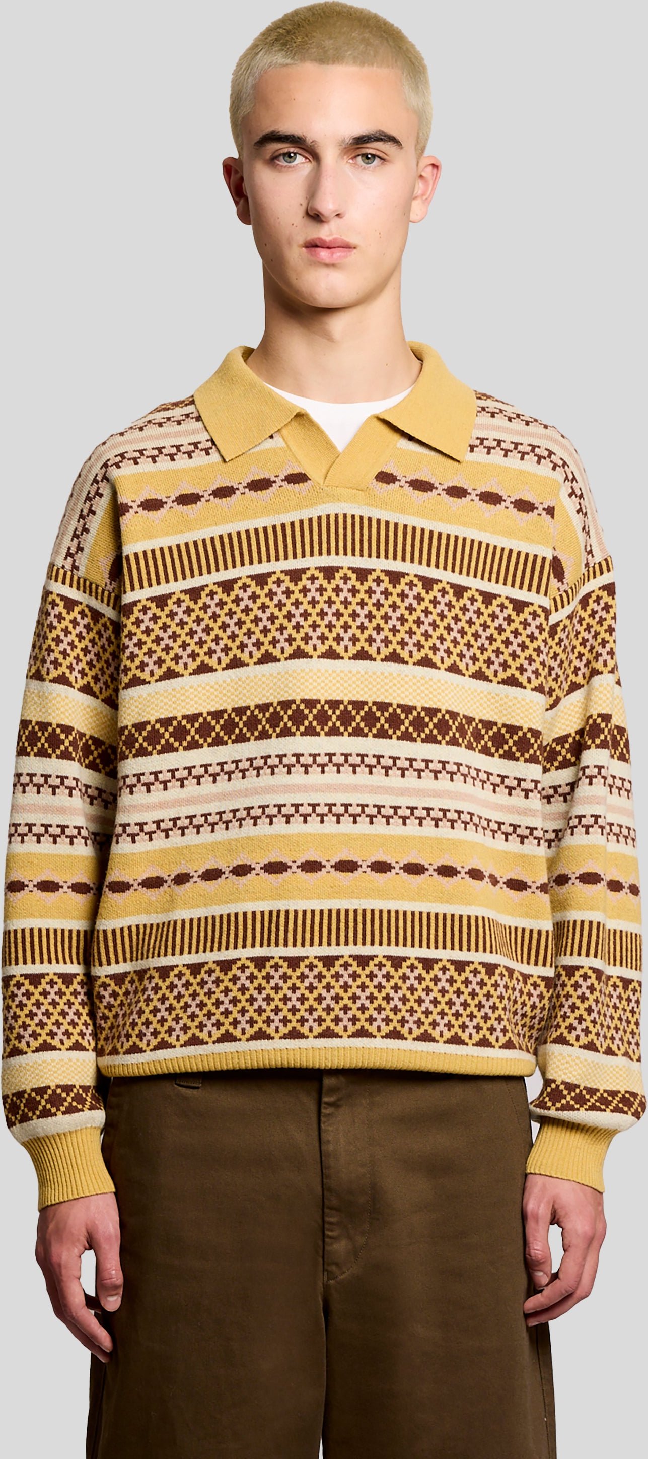 Lyle & Scott Fair Isle Polo-Pullover aus Lammwollmischung – Gelb