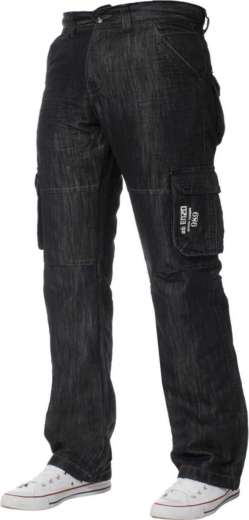 Enzo | Herren Cargo Combat Jeans - Schwarz gewaschen