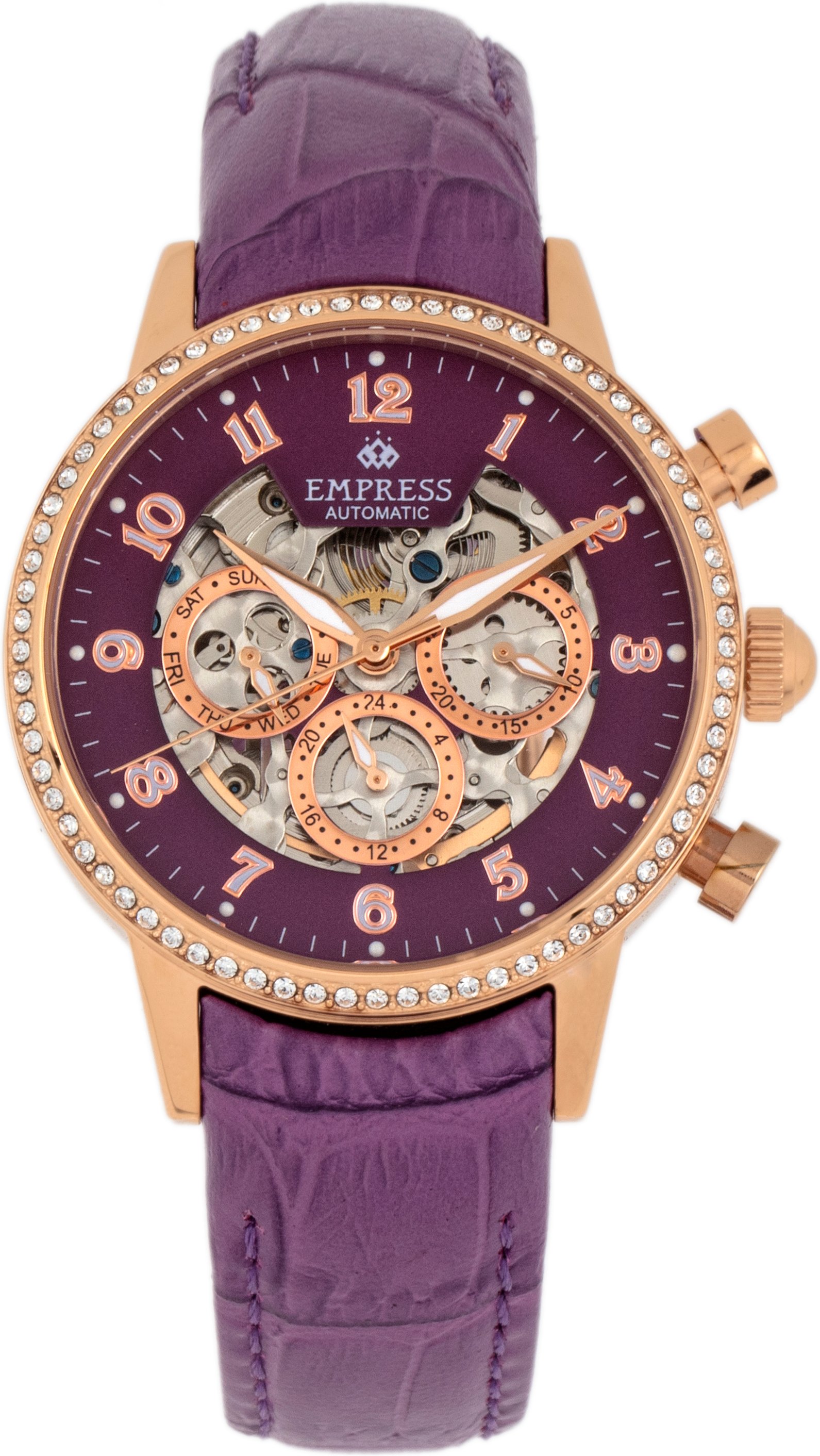 Königin Beatrice Automatik Skelett Zifferblatt Lederband Uhr mit Tages-/Datumsanzeige