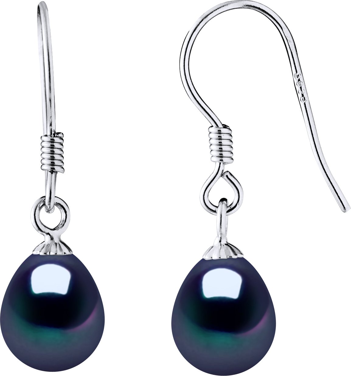 Ohrringe Haken Süßwasserperlen 7-8mm Schwarze Birnen 925