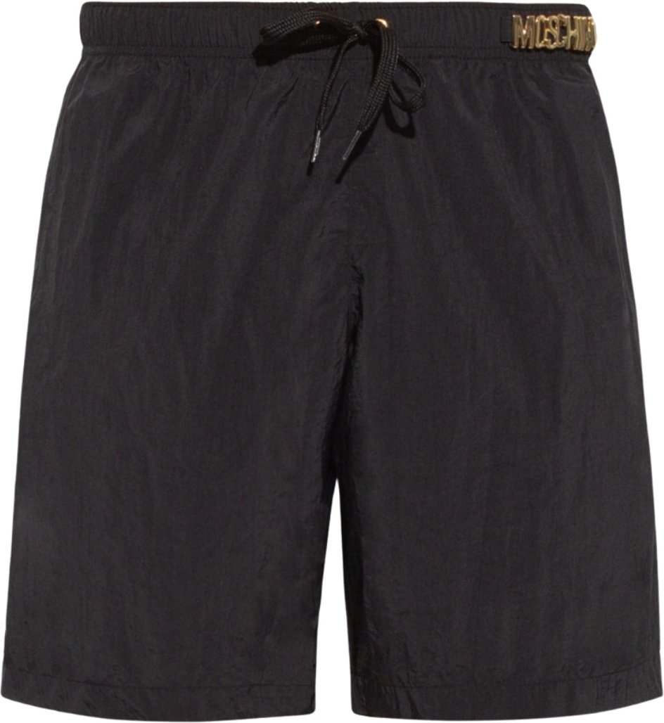 Schwarze lange Badeshorts mit Moschino-Metalllogo