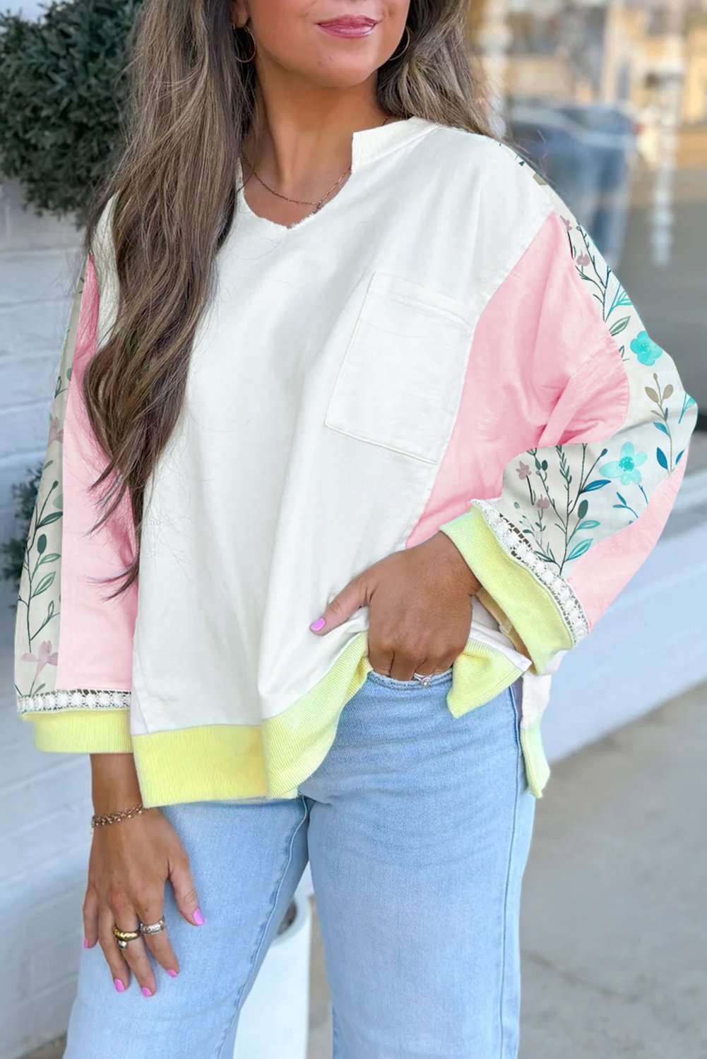 Farbblock Floral-Ärmel-Top