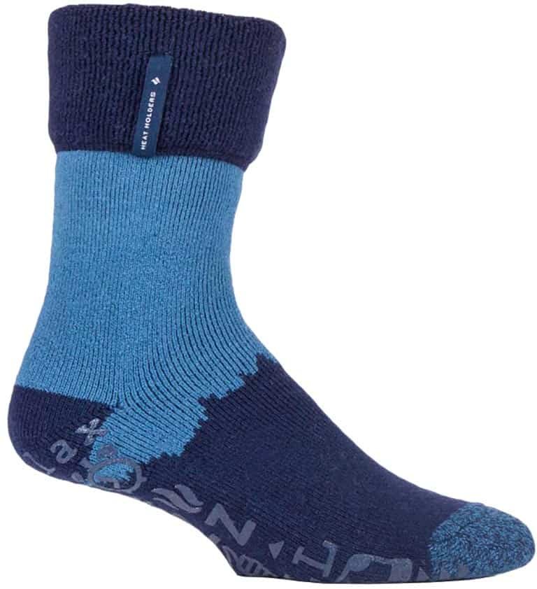 Herren Bettsocken mit Grip | Wärmehalter | Rutschfeste Fleece gefütterte Lounge Socken - Navy/Denim Stripe