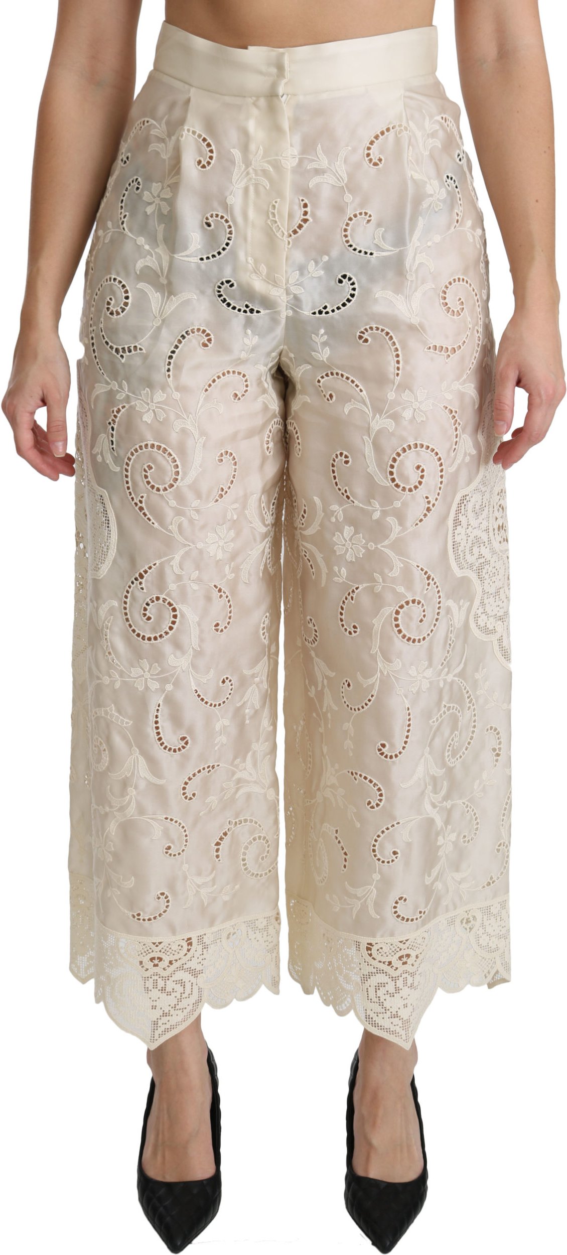 Dolce & Gabbana - Palazzo kurze Hose mit hoher Taille aus cremefarbener Spitze für Frauen