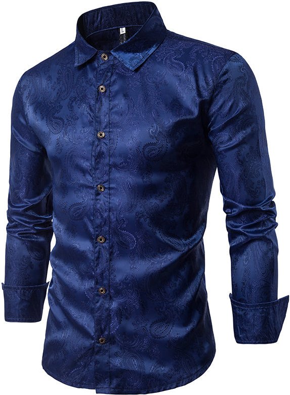 Marineblaues Slim Fit-Hemd mit Paisley-Stickerei