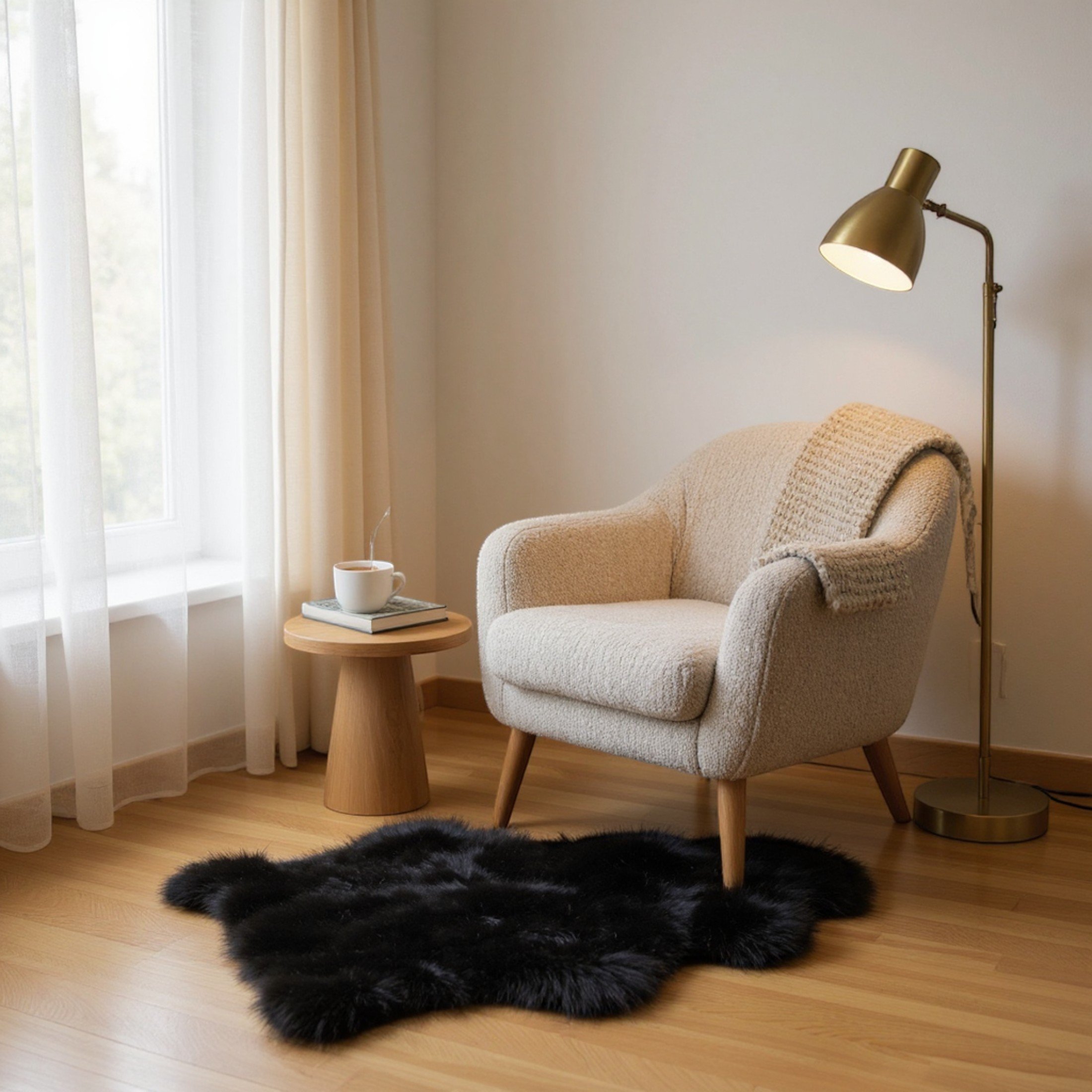 Echter schwarzer Schaffell-Teppich, seidig, natürlich, weich und flauschig, echte Wolle