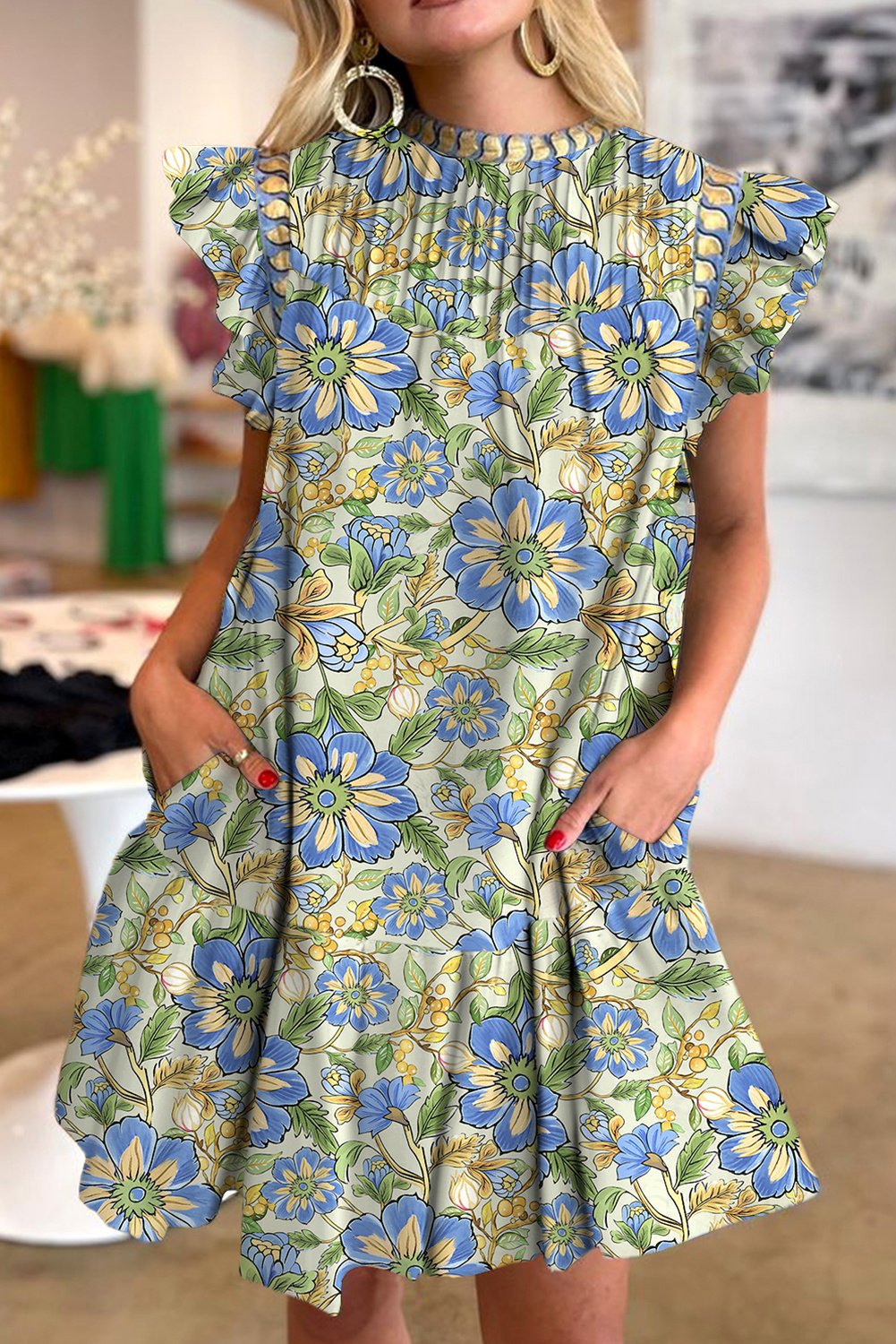Floral Rüschenausschnitt Minikleid