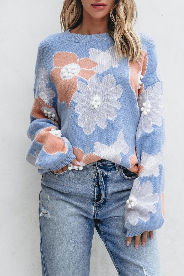 Thumbnail - Azura Exchange Beau Blau Blumiger O-Ausschnitt Drop-Shoulder Strickpullover
