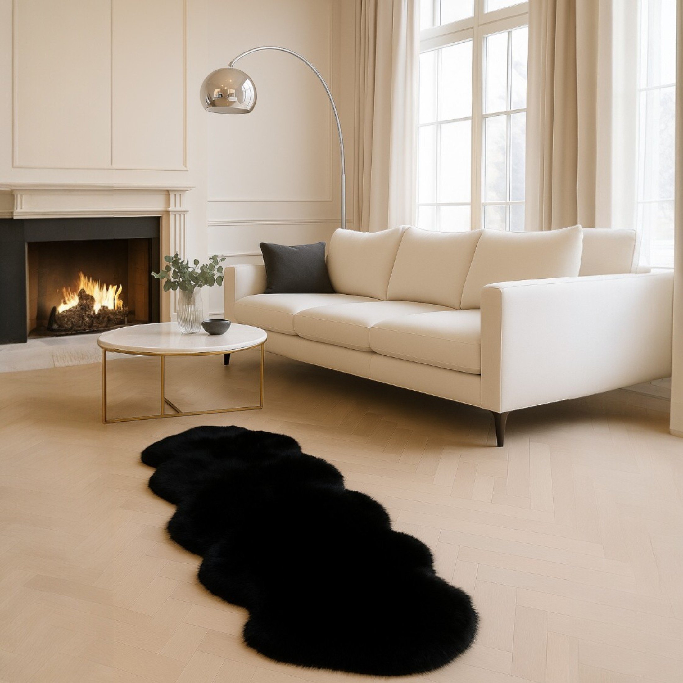 Echter Schaffell-Teppich, schwarz, doppelt, natürlich, seidig, flauschig, weich, echte Wolle