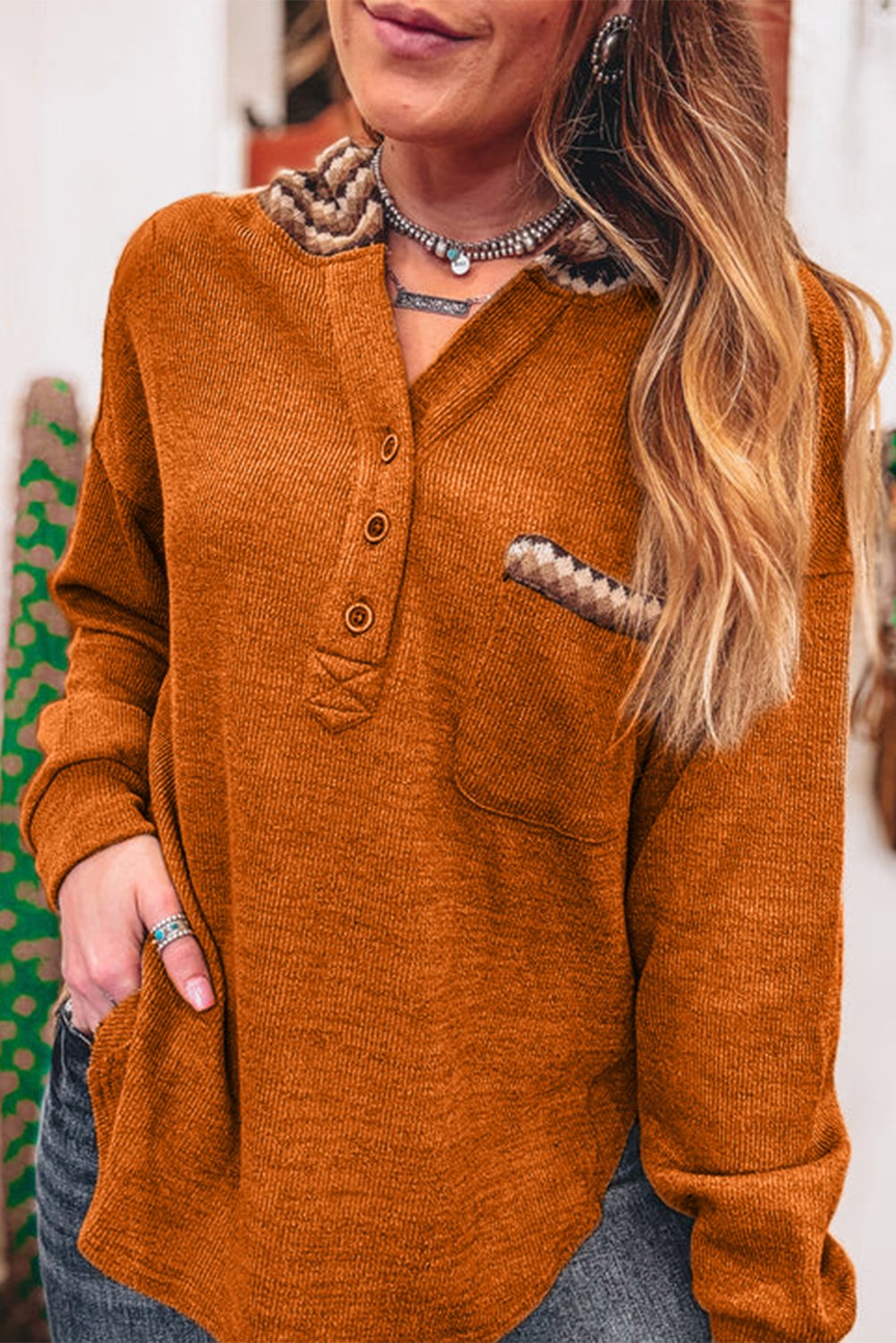 Langärmliges V-Ausschnitt Pocket-Top