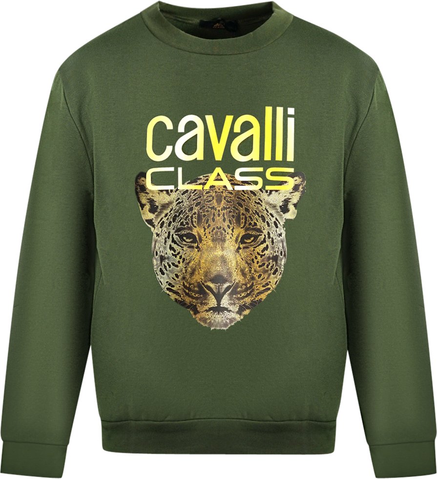 Cavalli Class Leoparden-Print Logo Olivfarbenes Sweatshirt