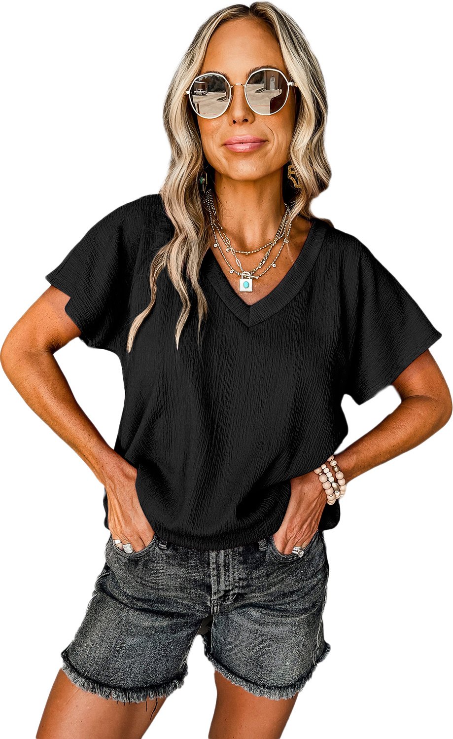 V-Ausschnitt Texturiertes Kurzarm-Casual-Oberteil