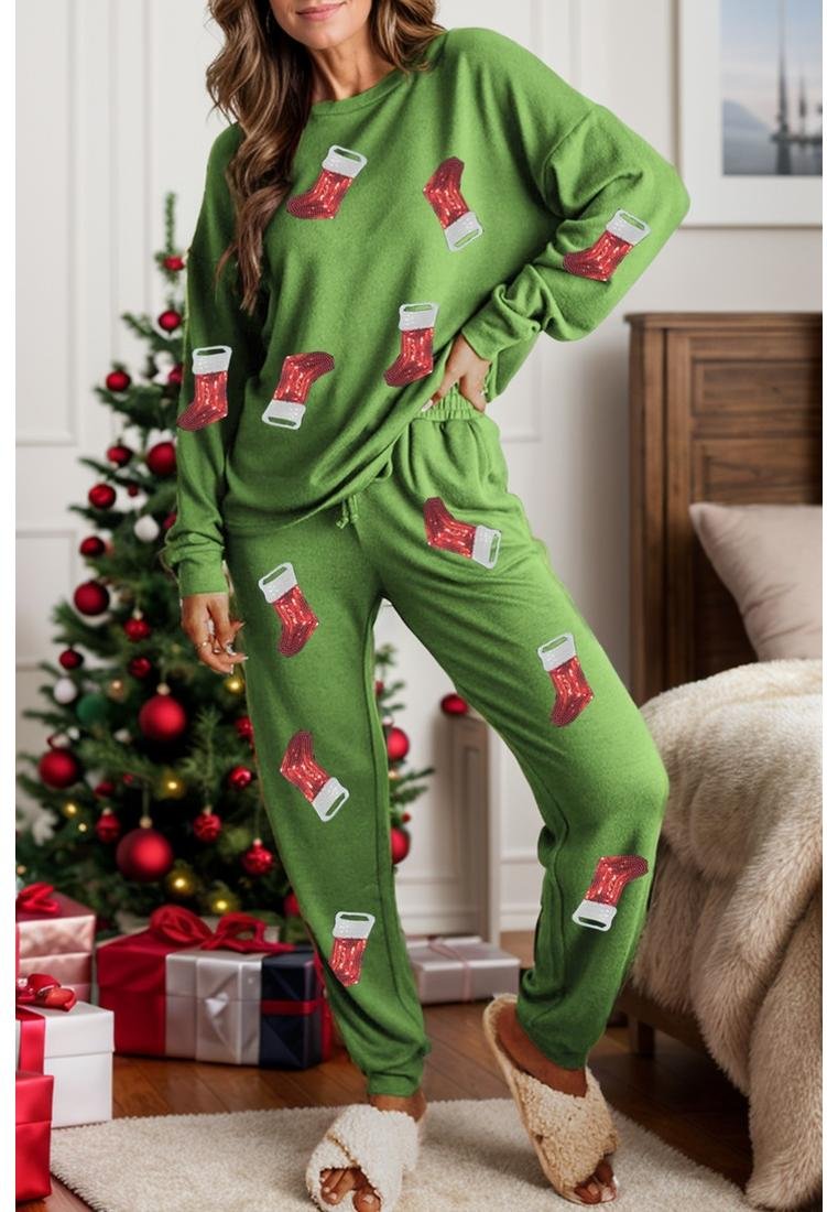 Thumbnail - Pailletten-Lounge-Set mit Rundhalsausschnitt Top und Hose