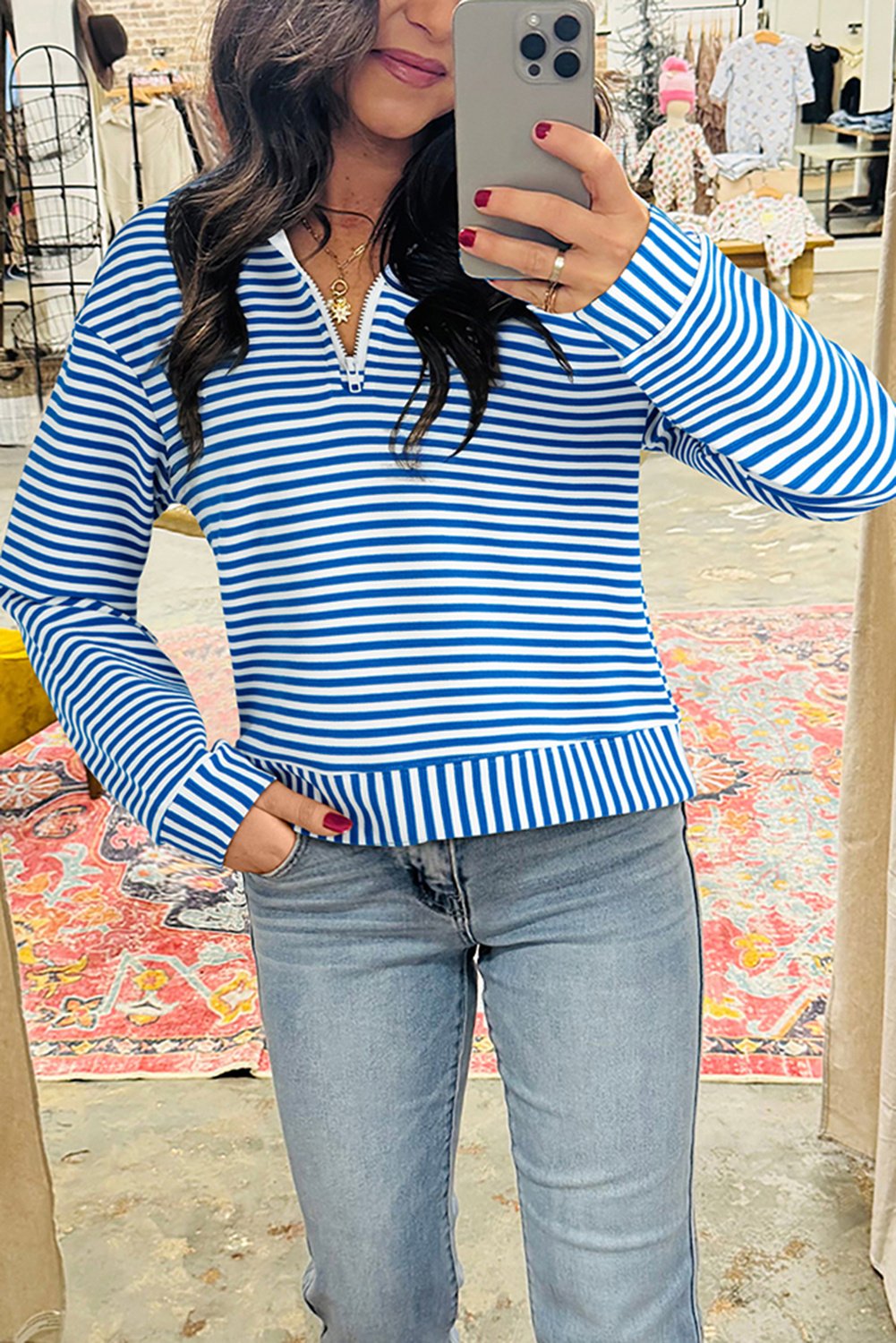 Gestreifter Reißverschluss-Halsausschnitt-Oberteil