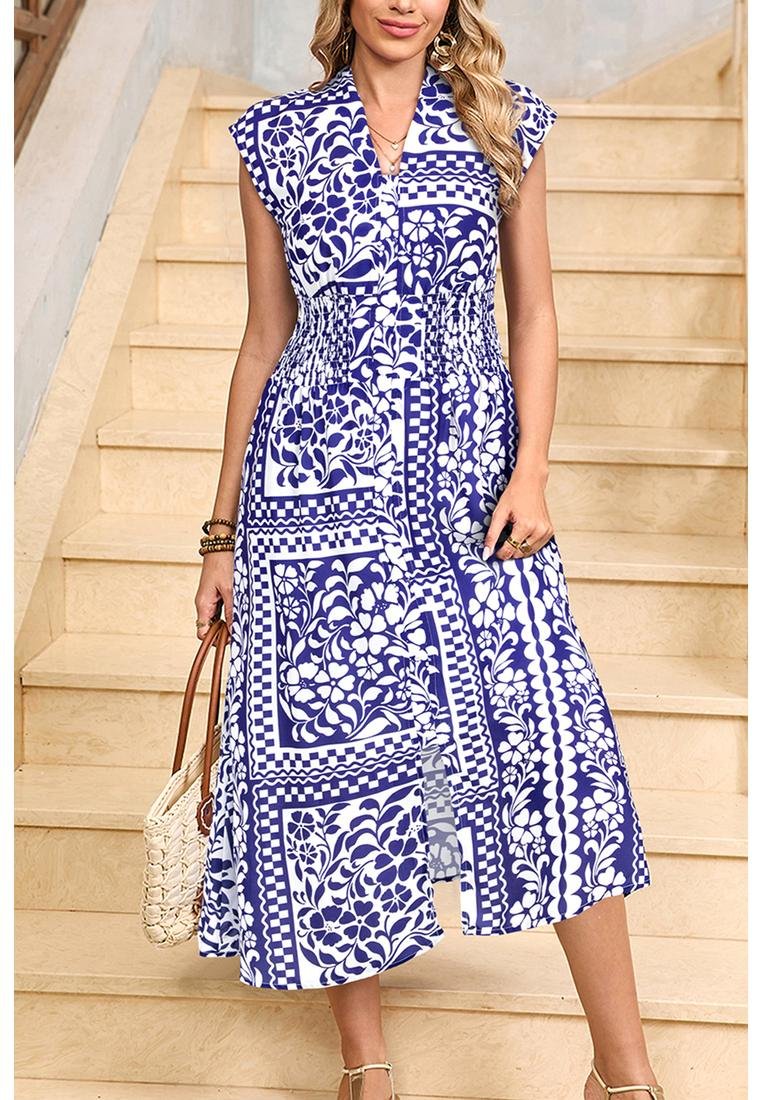 Thumbnail - Schmutzig blauer geraffter Taillenschnitt V-Ausschnitt ärmelloses Midi-Kleid mit Blumenmuster