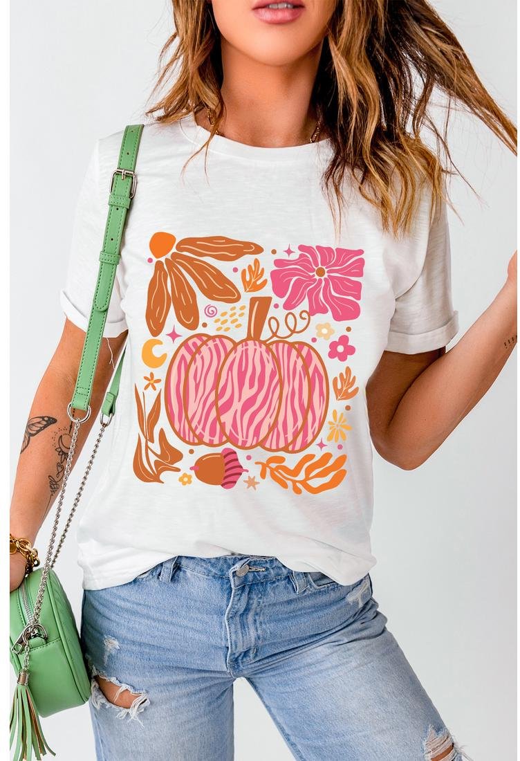 Thumbnail - Azura Exchange Damen Herbst Kürbis Zebra Grafik T-Shirt Lässiges Kurzarm Rundhalsoberteil