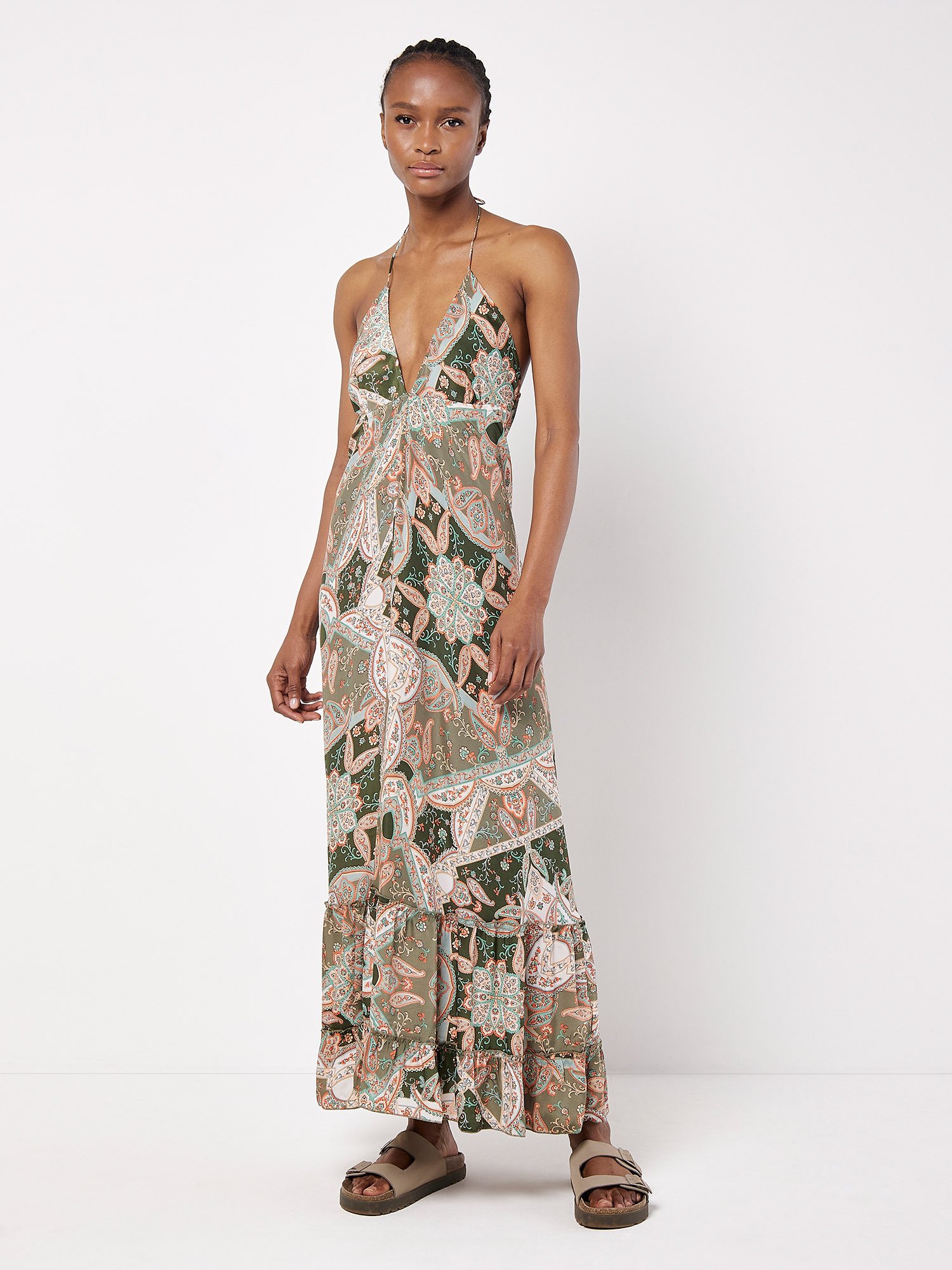 Apricot Maxikleid aus Satinstoff mit Schalprint