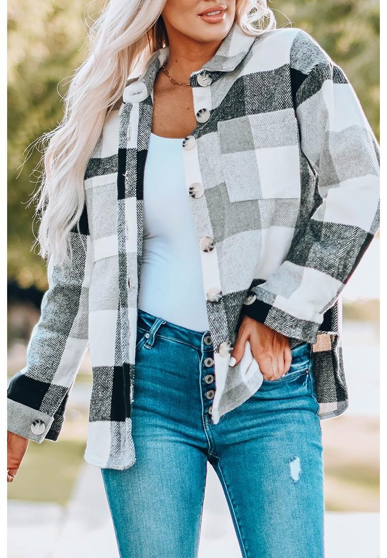 Thumbnail - Azura Exchange Damen Farbblock Karo Knopfjacke mit Tasche in Grau