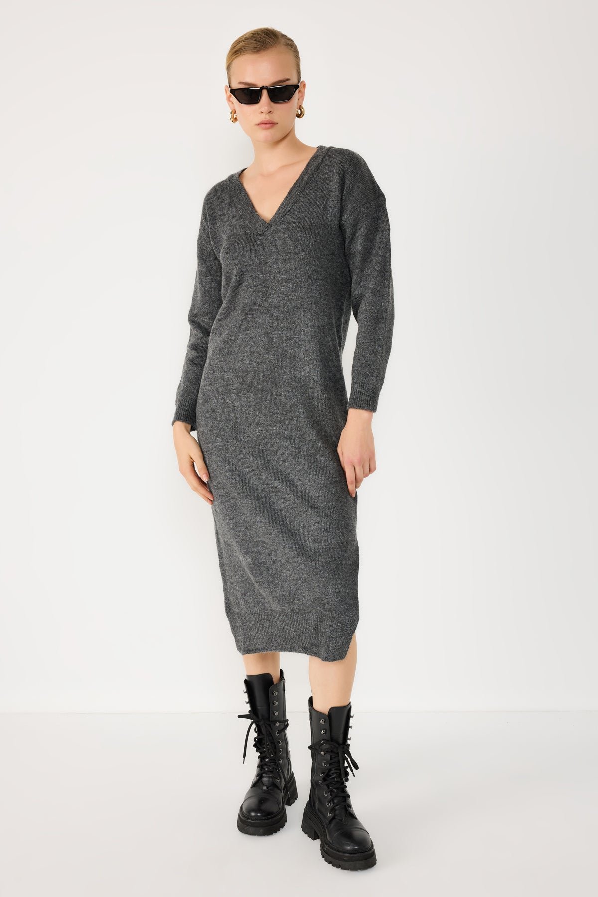 V-Ausschnitt Langarm Strick Midi Kleid