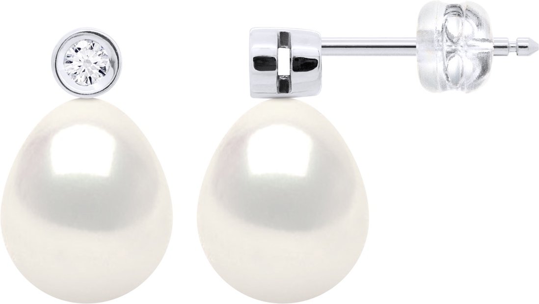 Ohrringe Prestige – Diamanten 0,02 ct – Qualität HSI – Weißgold – echte Süßwasser-Zuchtperlen, Birne 8–9 mm