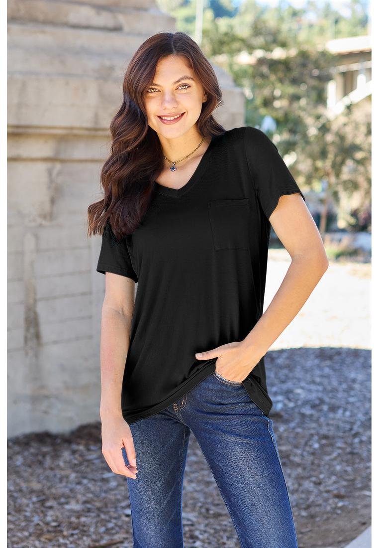 Thumbnail - Damen Basic Bae Bambus V-Neck T-Shirt mit kurzen Ärmeln in voller Größe
