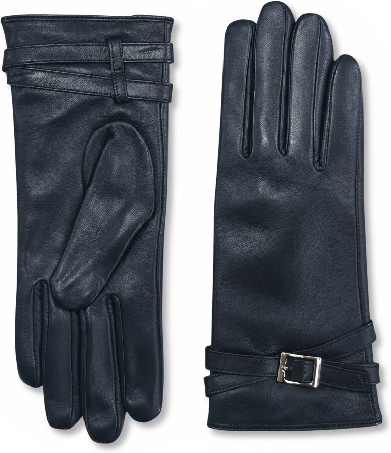 Schwarze Damen-Winter-Autofahrerhandschuhe aus italienischem Leder mit weichem Wollfutter und Schnalle