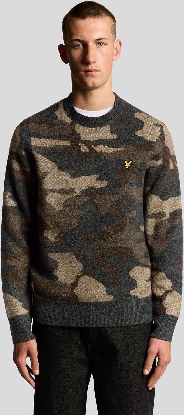 Lyle & Scott – Pullover mit Rundhalsausschnitt und gebürstetem Camouflage-Muster – Schwarz