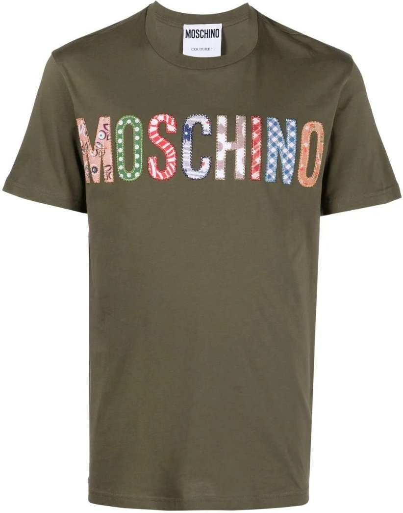 Grünes T-shirt Mit Auffälliger Moschino-logostickerei In Mehreren Farben